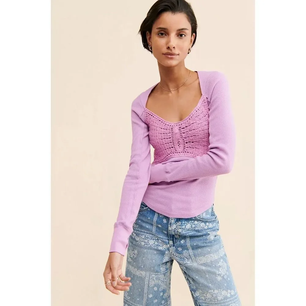 Free People Butterfly Dreams Long Sleeve Top.Purple.Sz XL. MSRP $98
